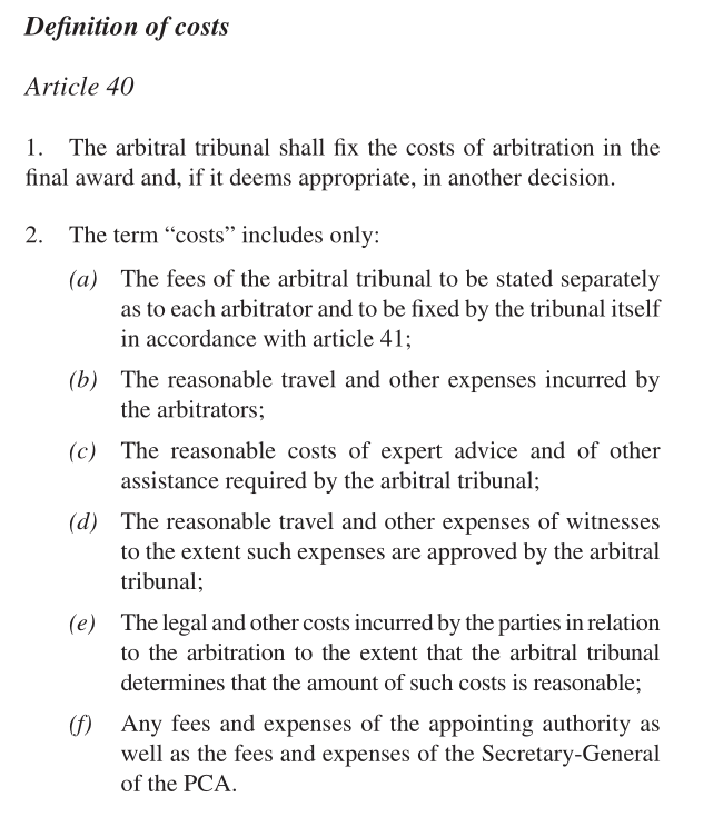 UNCITRAL arbitration in-house costs