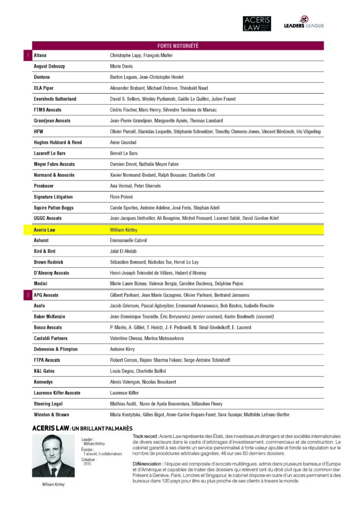 Aceris Law Highly Recommended for International Arbitration by ...