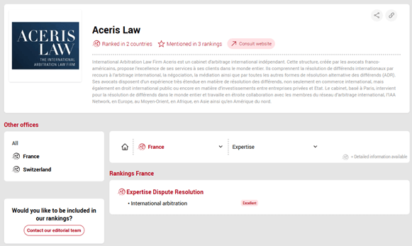 Aceris International Arbitration Law Firm Rankings