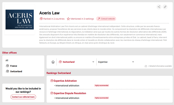 Aceris International Arbitration Law Firm Rankings 2 